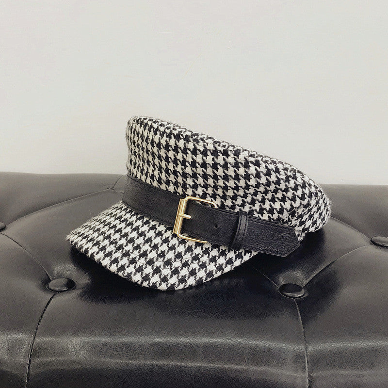 Houndstooth Belt Buckle Navy Flat Military Hat Women's Fashion