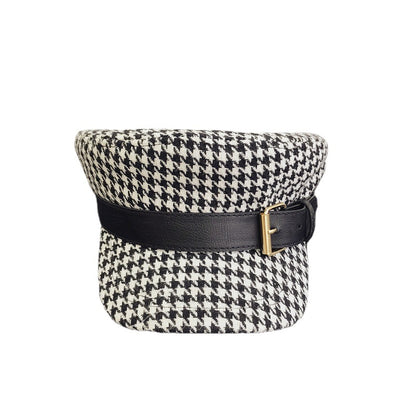 Houndstooth Belt Buckle Navy Flat Military Hat Women's Fashion