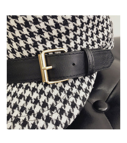 Houndstooth Belt Buckle Navy Flat Military Hat Women's Fashion