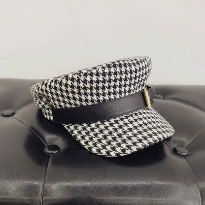 Houndstooth Belt Buckle Navy Flat Military Hat Women's Fashion