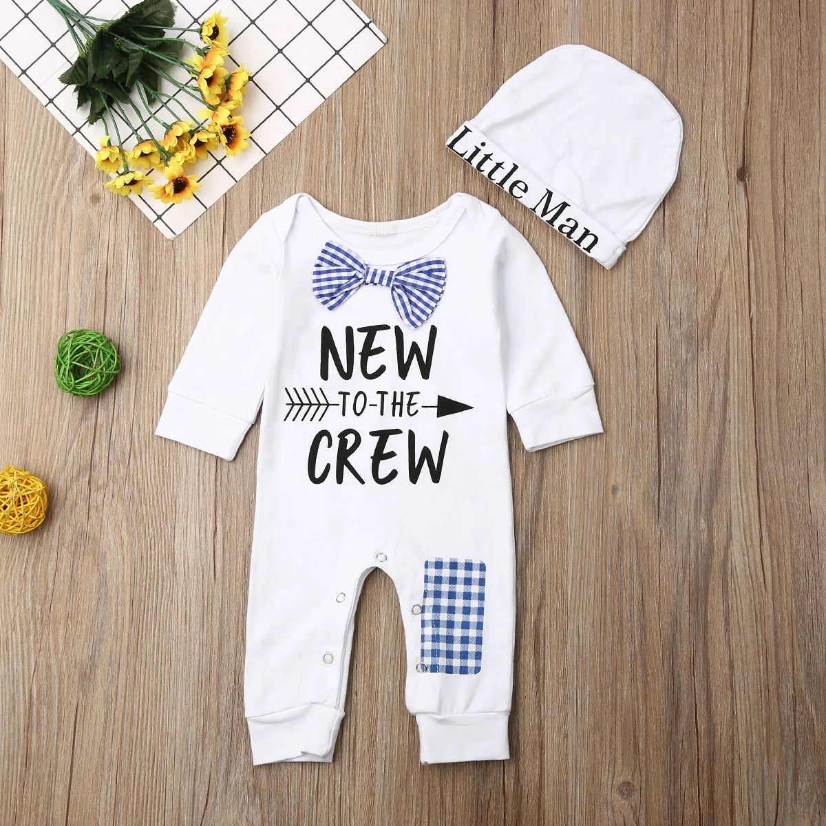 2PCS Newborn Baby Boys Clothes Cotton Long Sleeve Romper+Hat Jumpsuit