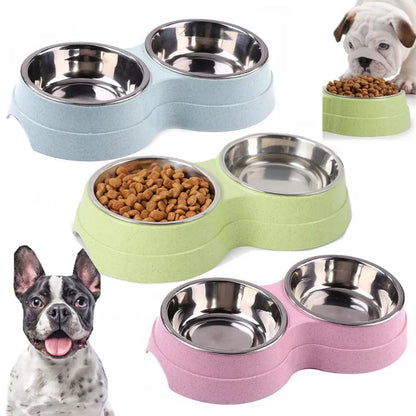 Double Pet Bowls Dog Food Water Feeder Stainless Steel Pet Drinking