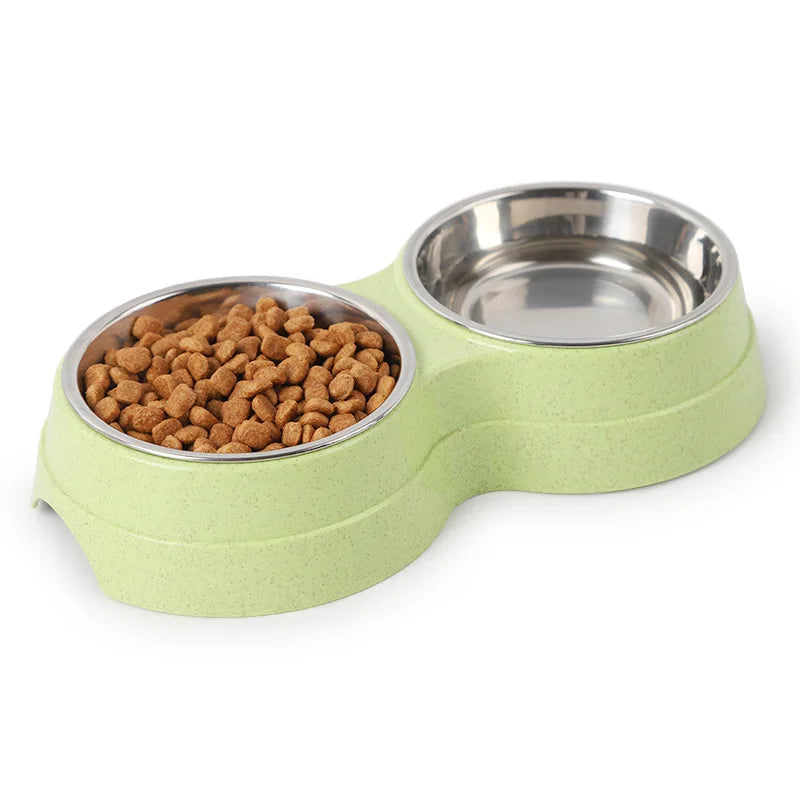 Double Pet Bowls Dog Food Water Feeder Stainless Steel Pet Drinking