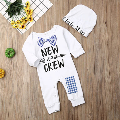 2PCS Newborn Baby Boys Clothes Cotton Long Sleeve Romper+Hat Jumpsuit