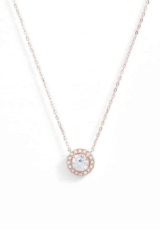 1.00 CT  Crystal Halo Disc Necklace 18" - 18K Rose Gold Plated