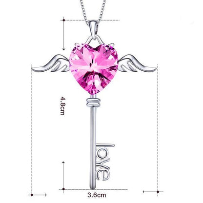 Heart Shaped Pink  Elements Dangling Key Necklace in 14K White Gold