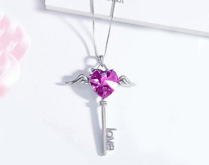 Heart Shaped Pink  Elements Dangling Key Necklace in 14K White Gold