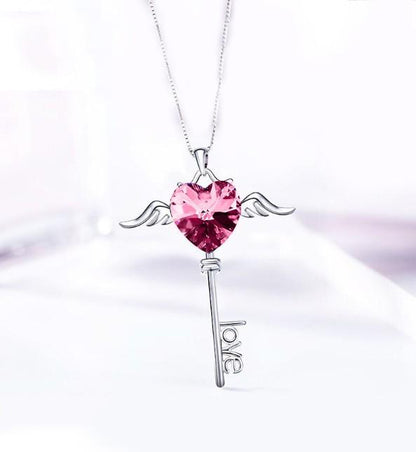 Heart Shaped Pink  Elements Dangling Key Necklace in 14K White Gold