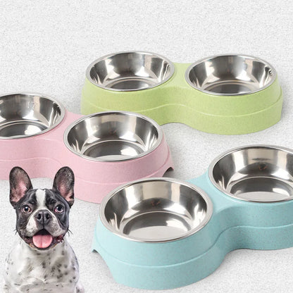 Double Pet Bowls Dog Food Water Feeder Stainless Steel Pet Drinking