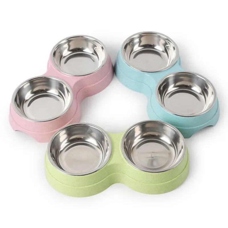 Double Pet Bowls Dog Food Water Feeder Stainless Steel Pet Drinking