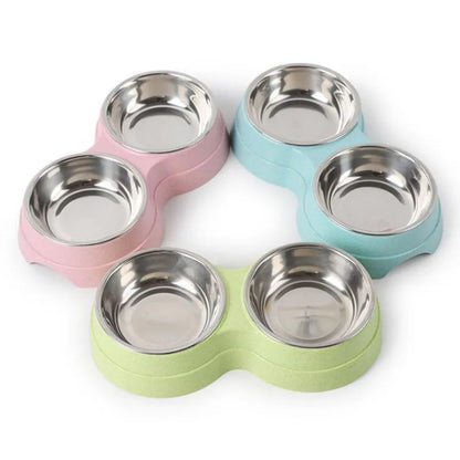 Double Pet Bowls Dog Food Water Feeder Stainless Steel Pet Drinking