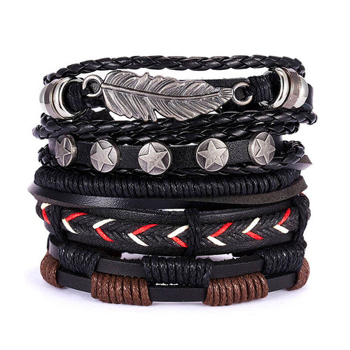 Men Bracelets Vintage Multilayer Leather Braid Bracelets Bangles Star