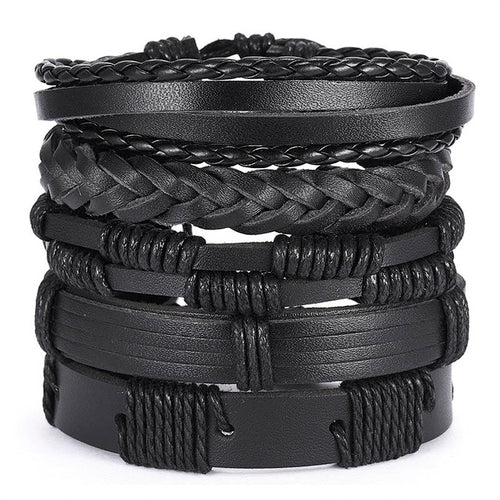 Men Bracelets Vintage Multilayer Leather Braid Bracelets Bangles Star