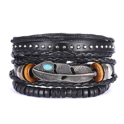 Men Bracelets Vintage Multilayer Leather Braid Bracelets Bangles Star