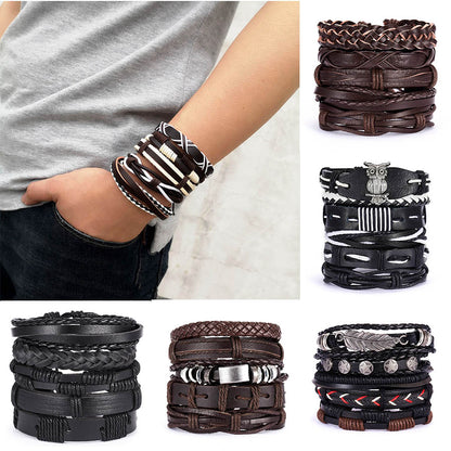 Men Bracelets Vintage Multilayer Leather Braid Bracelets Bangles Star