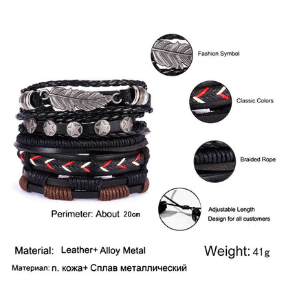 Men Bracelets Vintage Multilayer Leather Braid Bracelets Bangles Star