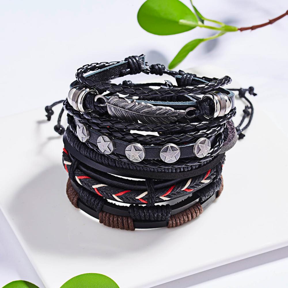 Men Bracelets Vintage Multilayer Leather Braid Bracelets Bangles Star