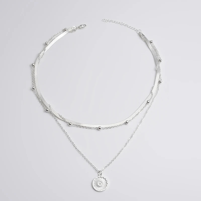 925 Sterling Silver Three-Layer Round Necklace Simple Snake Chain