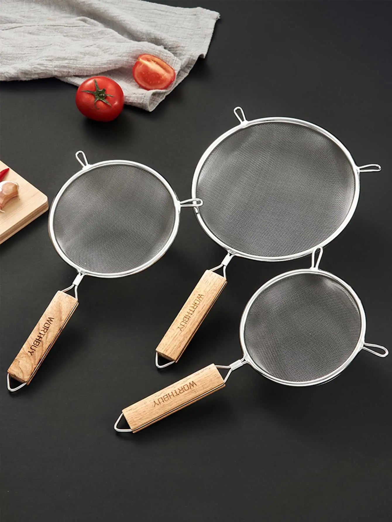 WORTHBUY  Stainless Steel Strainer Sieve Wooden Grain Handle Juice Egg