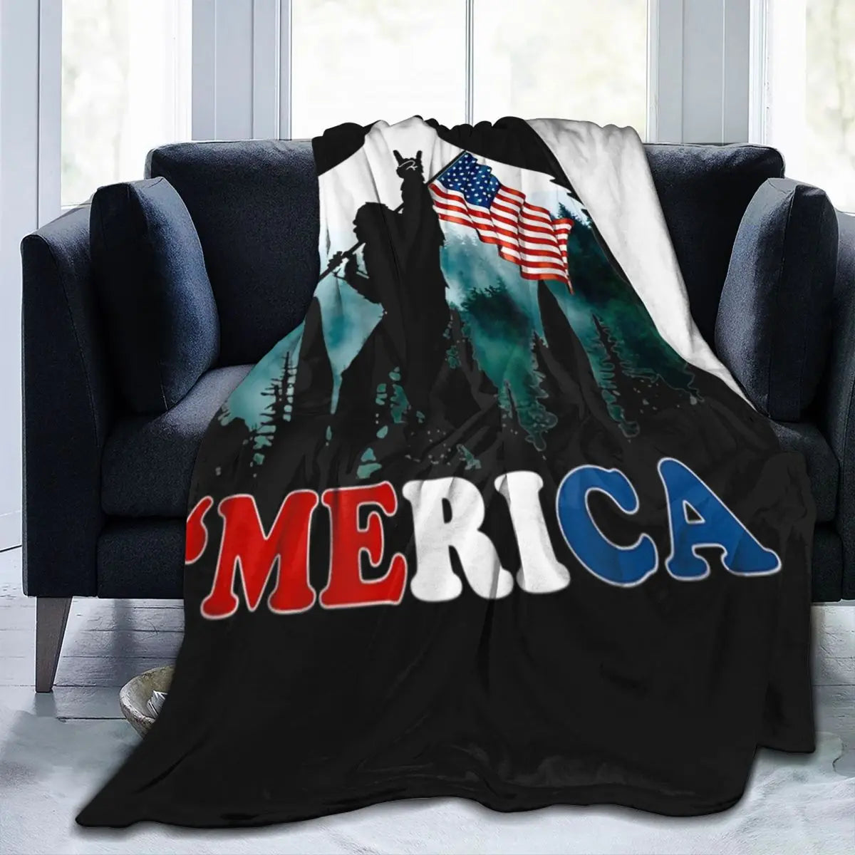 Bigfoot Holding American Flag USA Blanket Warm Fleece Soft Flannel