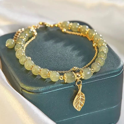 VENTFILLE Gold Color For Women's Hetian Jade Bracelet Leaves Double