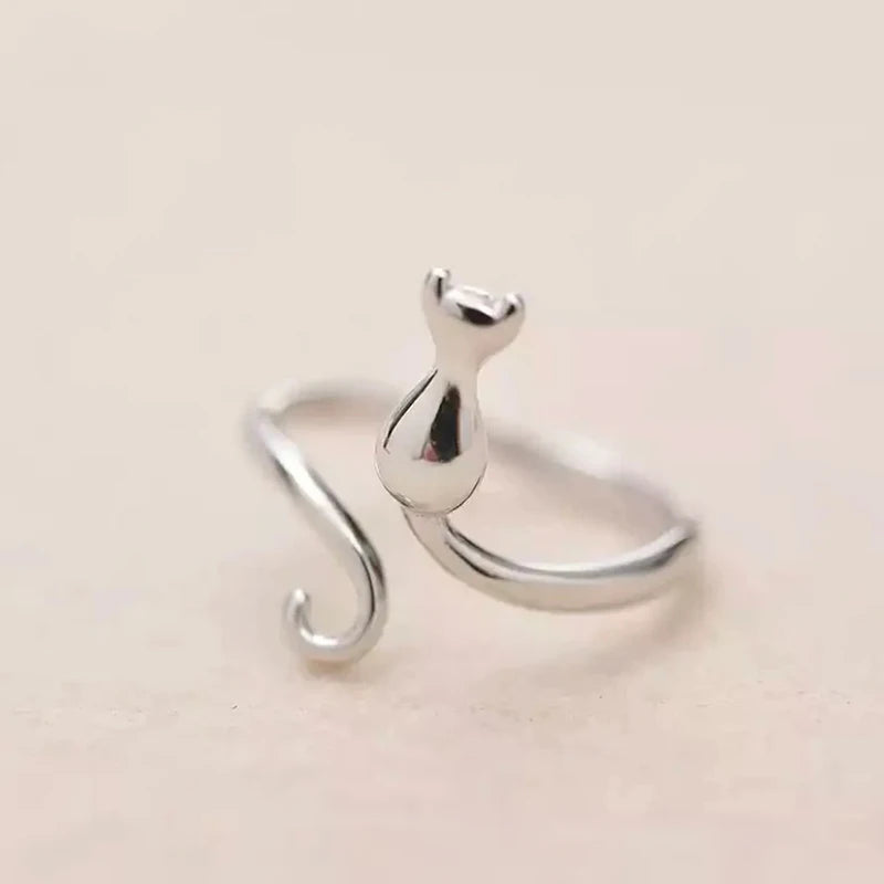 Huitan Cute Cat Opening Rings Silver Color Trendy Finger Accessories