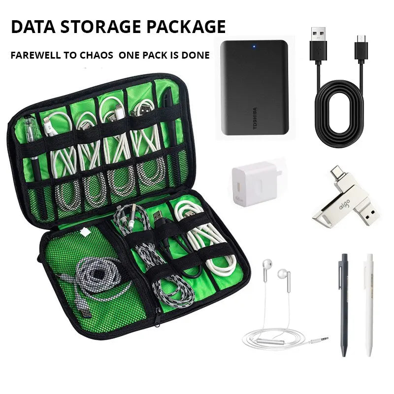 1pc Black Green Storage Bag Electronic Accessory Organizer Portable