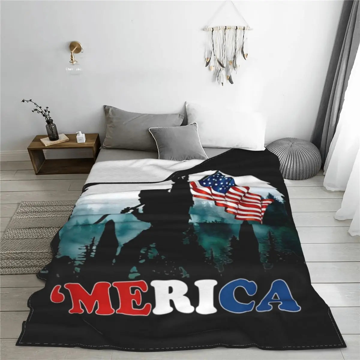 Bigfoot Holding American Flag USA Blanket Warm Fleece Soft Flannel