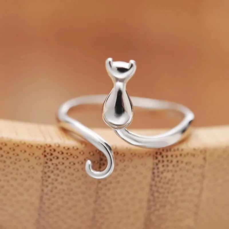 Huitan Cute Cat Opening Rings Silver Color Trendy Finger Accessories