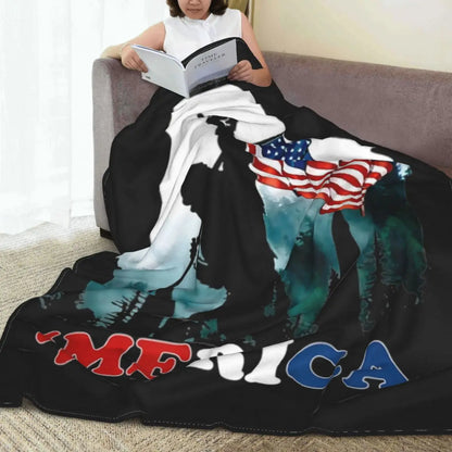 Bigfoot Holding American Flag USA Blanket Warm Fleece Soft Flannel