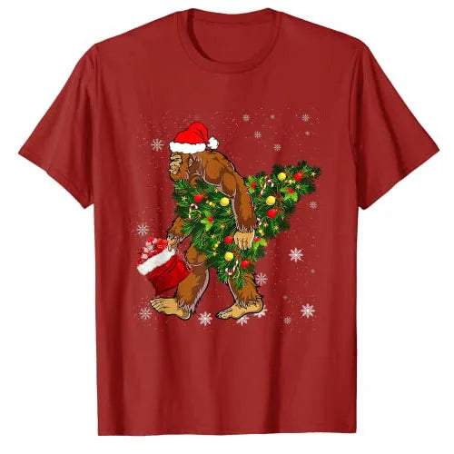 Bigfoot Carrying Christmas Tree Sasquatch Believer Pajama T-Shirt