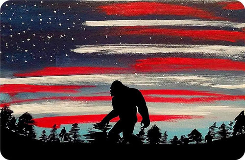 Tin Sign Vintage Bigfoot Walking on the Mountain American Flag with