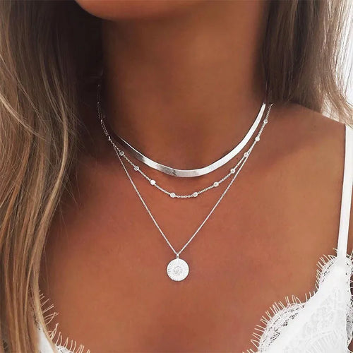 925 Sterling Silver Three-Layer Round Necklace Simple Snake Chain