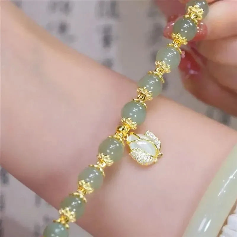 VENTFILLE Gold Color For Women's Hetian Jade Bracelet Leaves Double