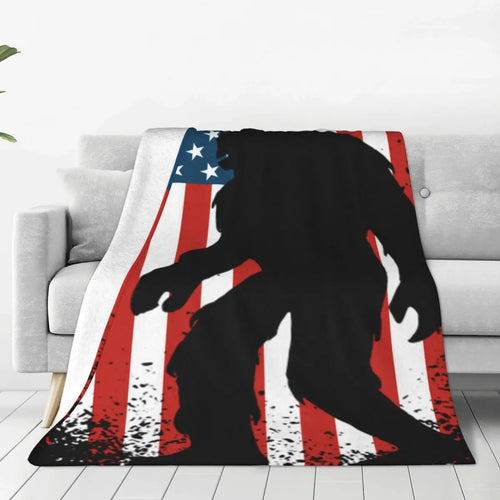 Bigfoot Holding American Flag USA Blanket Warm Fleece Soft Flannel