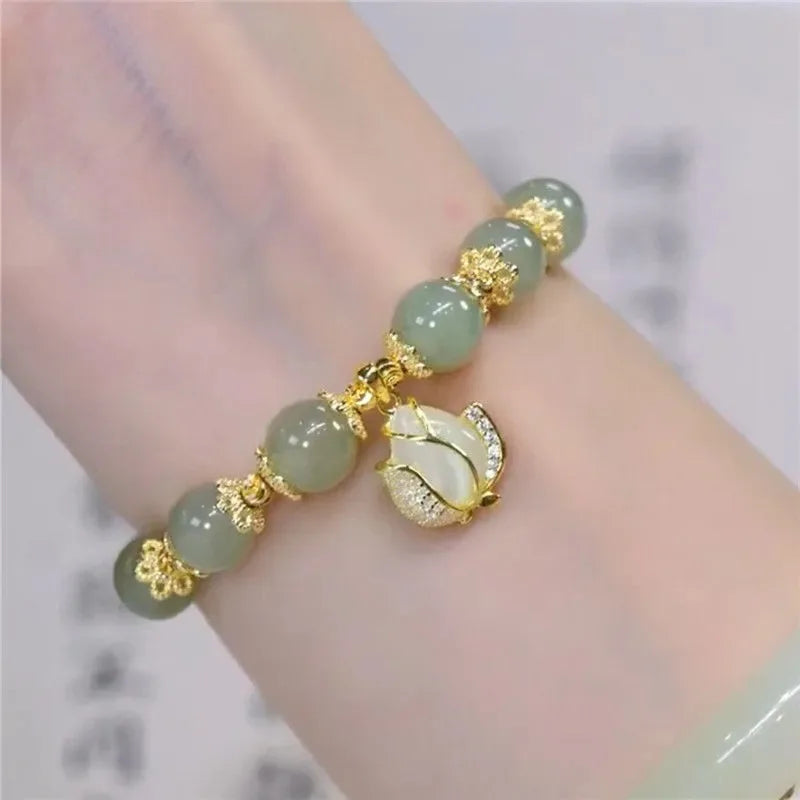 VENTFILLE Gold Color For Women's Hetian Jade Bracelet Leaves Double