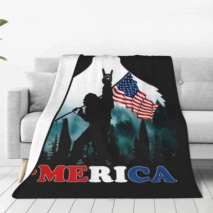 Bigfoot Holding American Flag USA Blanket Warm Fleece Soft Flannel