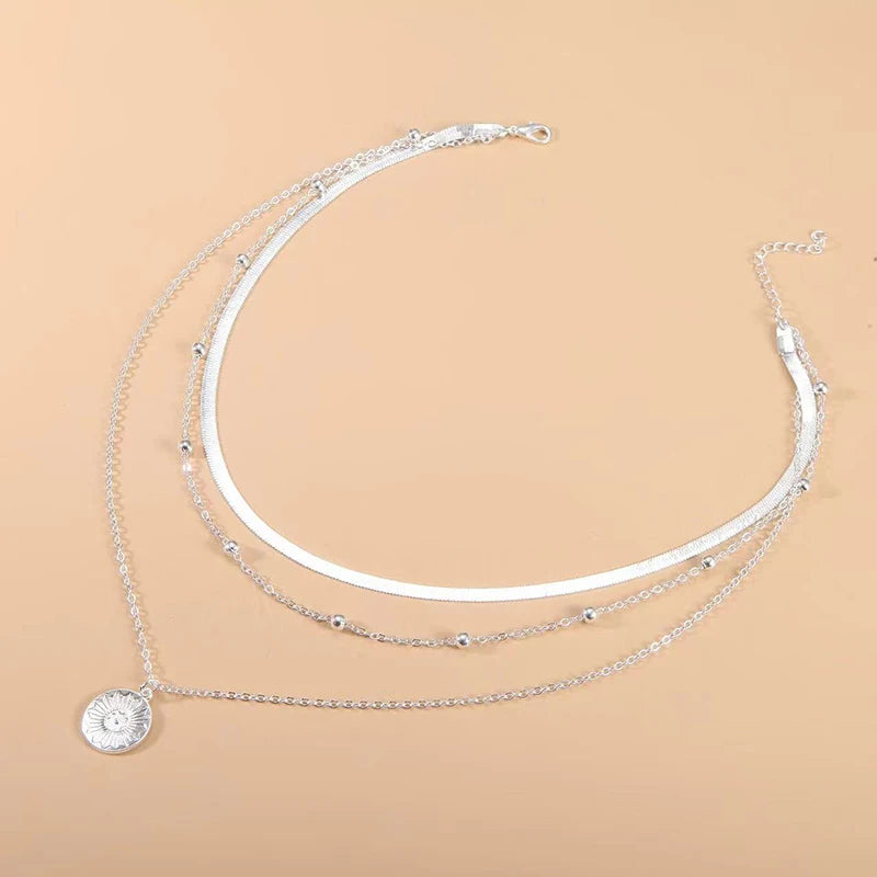 925 Sterling Silver Three-Layer Round Necklace Simple Snake Chain