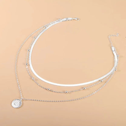 925 Sterling Silver Three-Layer Round Necklace Simple Snake Chain