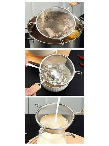 WORTHBUY  Stainless Steel Strainer Sieve Wooden Grain Handle Juice Egg