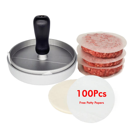 Burger Press Patty Maker Stainless Steel Hamburger Mold Non-Stick with 100 Patty Papers