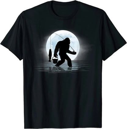 Bigfoot  Funny Sasquatch and Fish Night  T-Shirt Unique Tops Tees for