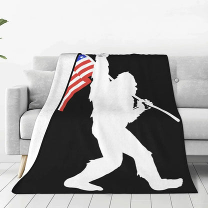 Bigfoot Holding American Flag USA Blanket Warm Fleece Soft Flannel