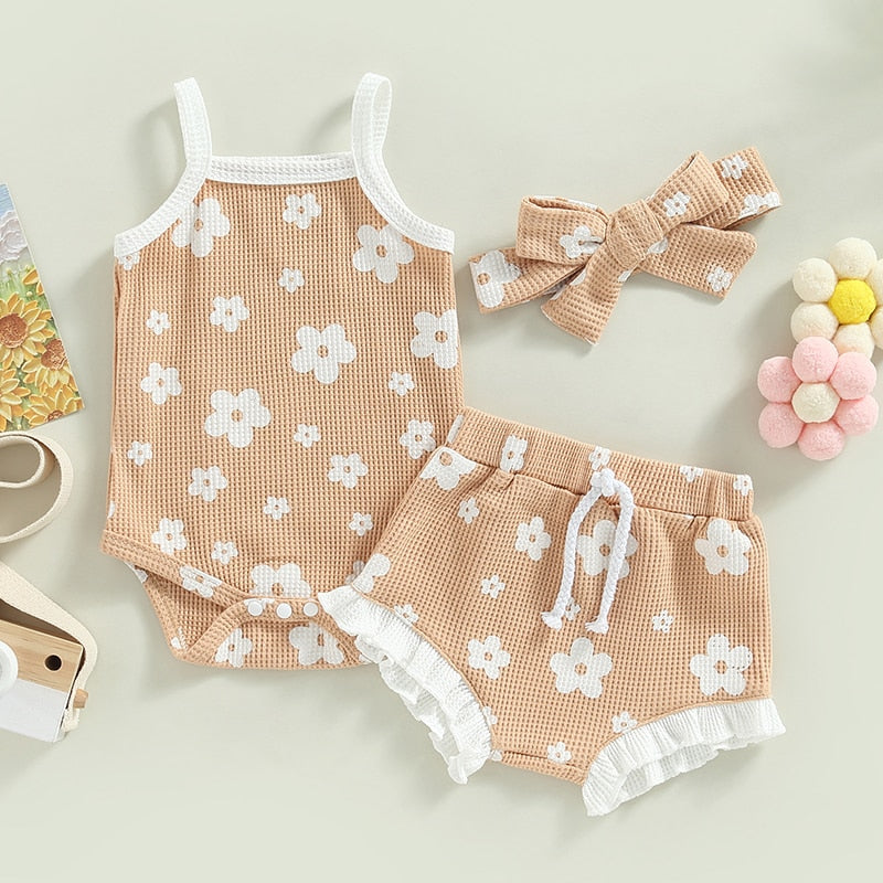 Summer Toddler Newborn Baby Girls Clothes Sets Waffle Floral Print