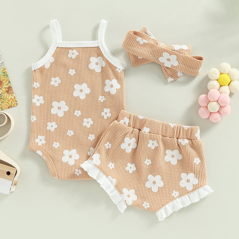 Summer Toddler Newborn Baby Girls Clothes Sets Waffle Floral Print