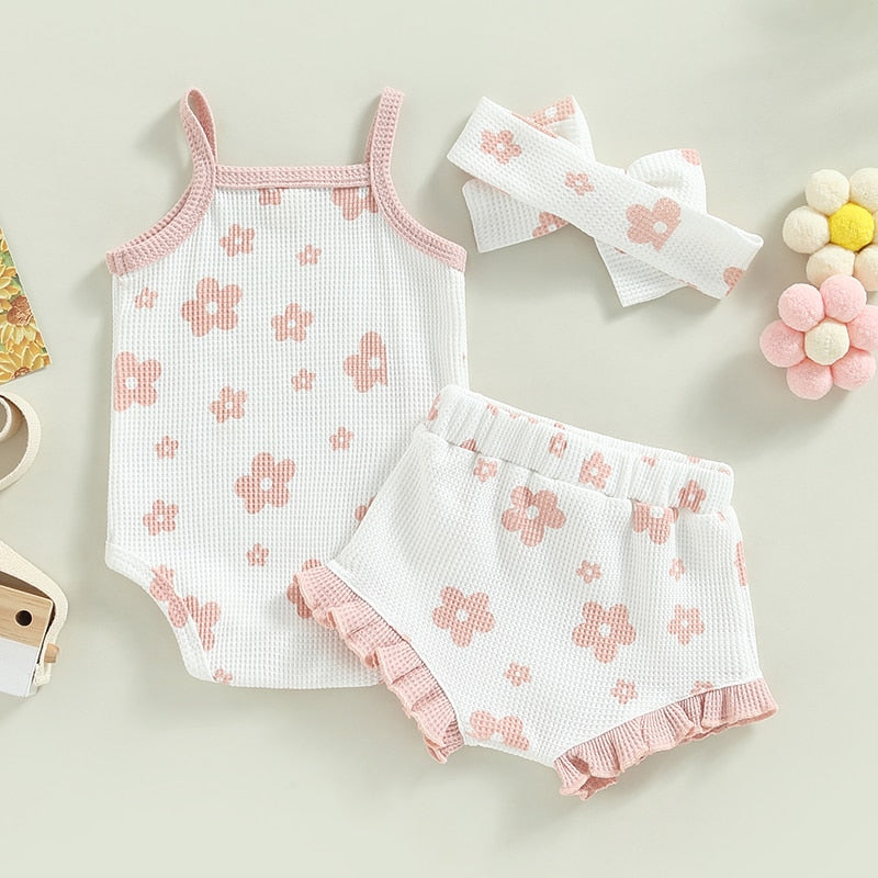 Summer Toddler Newborn Baby Girls Clothes Sets Waffle Floral Print