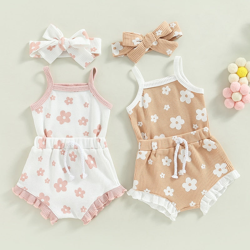 Summer Toddler Newborn Baby Girls Clothes Sets Waffle Floral Print