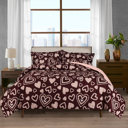 HIG Romantic Love Heart Print Comforter Set, 3 Piece Quilted Down